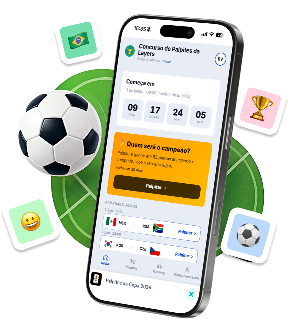 App Palpites da Copa aberto no celular, mostrando o próximo jogo e a contagem regressiva para a Copa 2026.